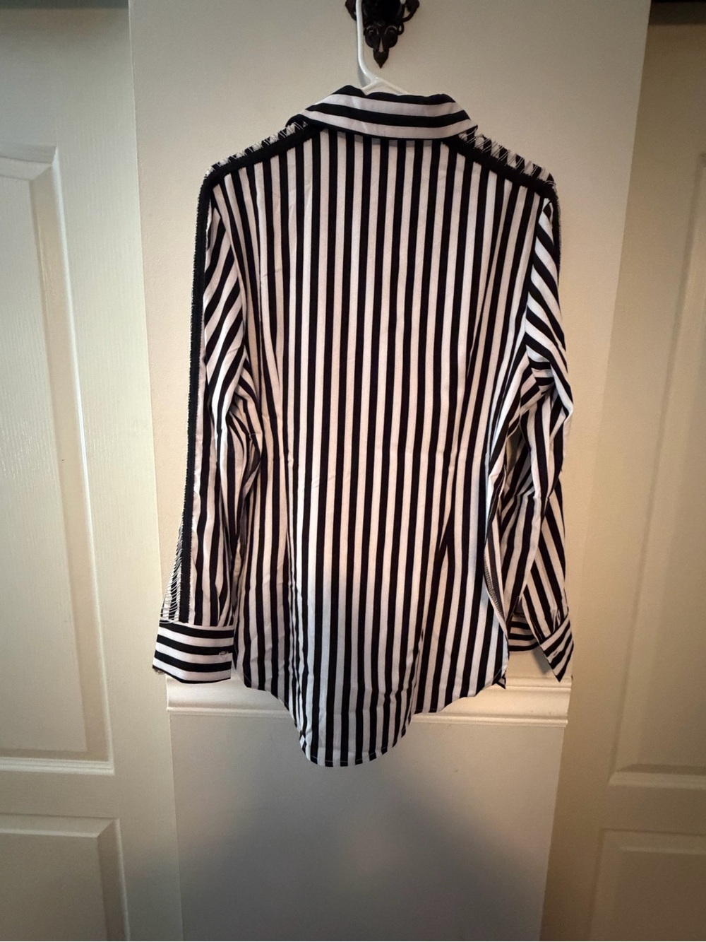 Women’s Black & White Vertical Stripe Button-Down Shirt - Classic Collared Top - Picture 2 of 5